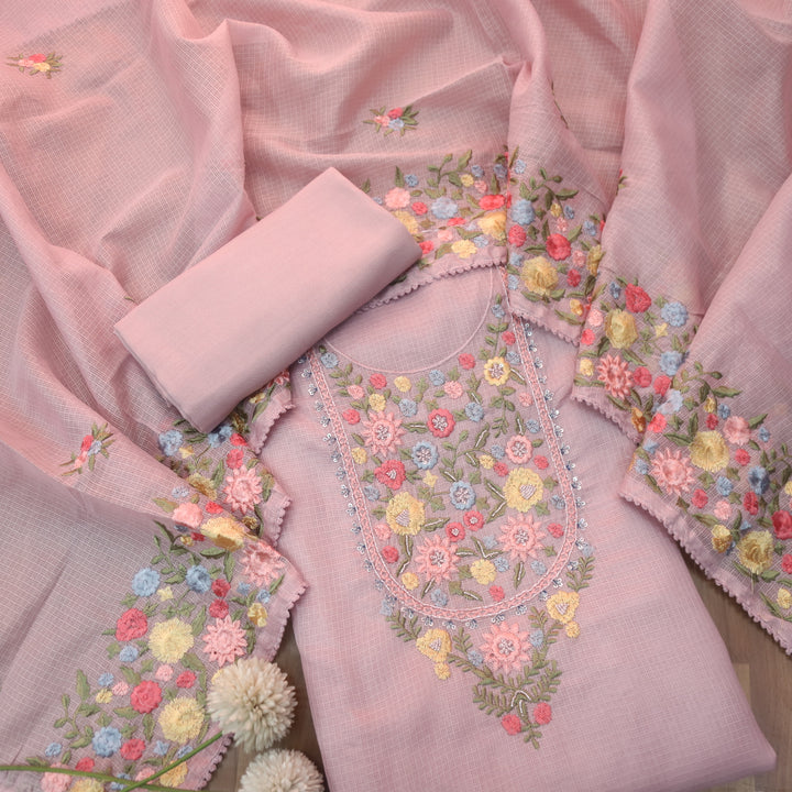 Alfaaz Fuscia Lilac Embroidered Yoke with Kardana and Moti Work Kota Doriya Set