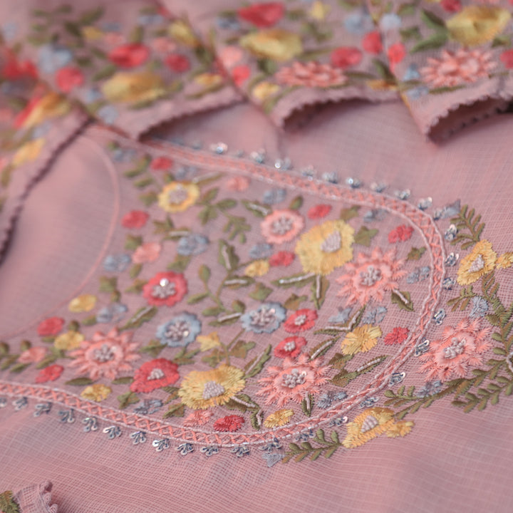 Alfaaz Fuscia Lilac Embroidered Yoke with Kardana and Moti Work Kota Doriya Set