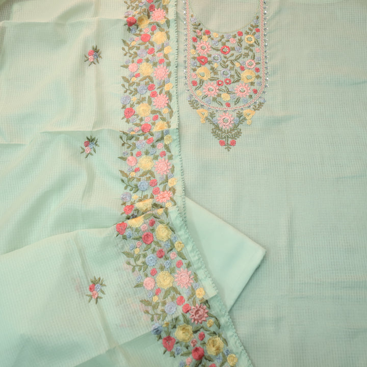 Alfaaz Mint Green Embroidered Yoke with Kardana and Moti Work Kota Doriya Set