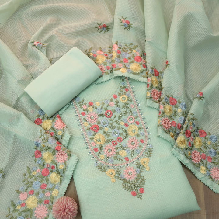 Alfaaz Mint Green Embroidered Yoke with Kardana and Moti Work Kota Doriya Set