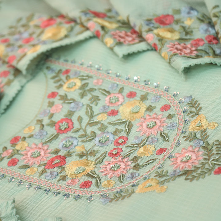 Alfaaz Mint Green Embroidered Yoke with Kardana and Moti Work Kota Doriya Set
