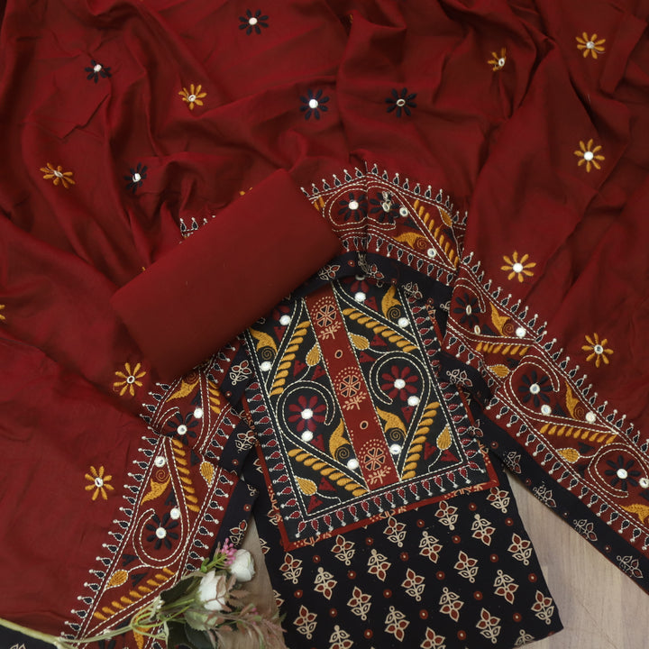 Hairat Ebony Black Kutch Patch with Mirror Work Ajrak Printed Cotton Suit Set