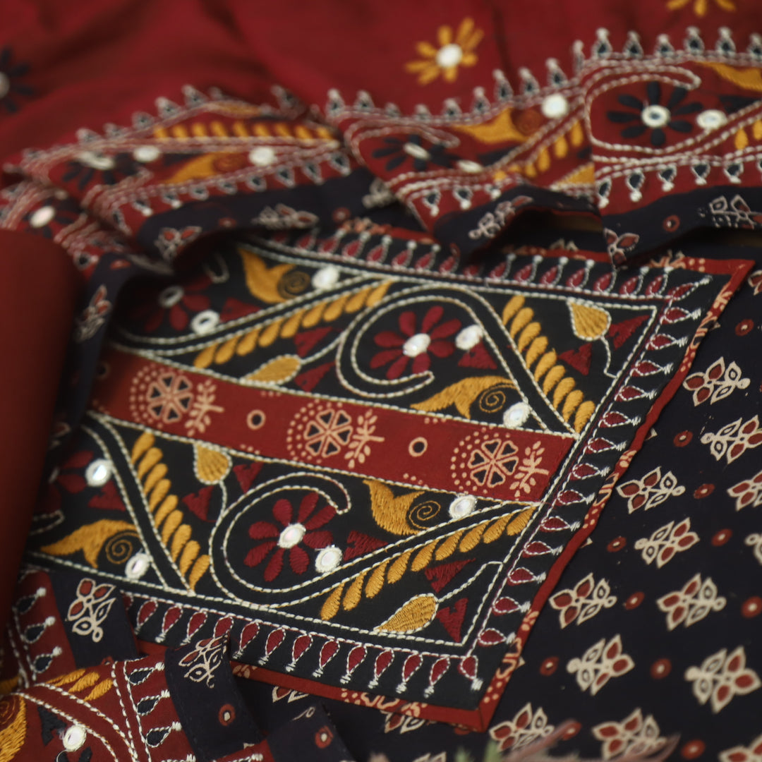 Hairat Ebony Black Kutch Patch with Mirror Work Ajrak Printed Cotton Suit Set
