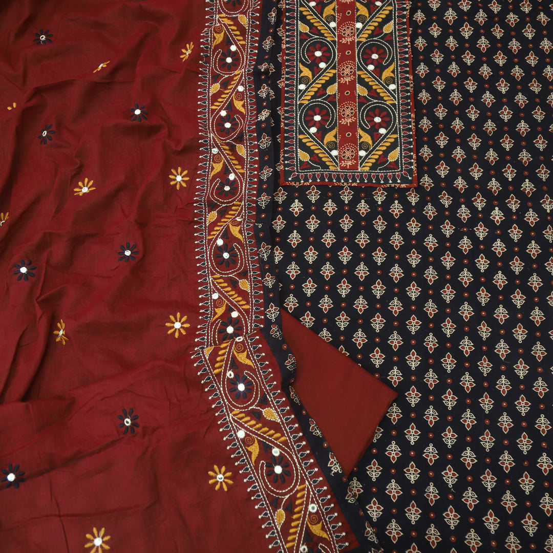 Hairat Ebony Black Kutch Patch with Mirror Work Ajrak Printed Cotton Suit Set