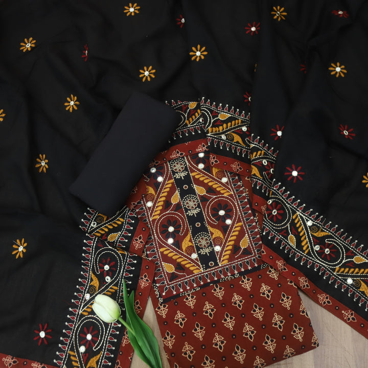 Hairat Berry Red Kutch Patch with Mirror Work Ajrak Printed Cotton Suit Set