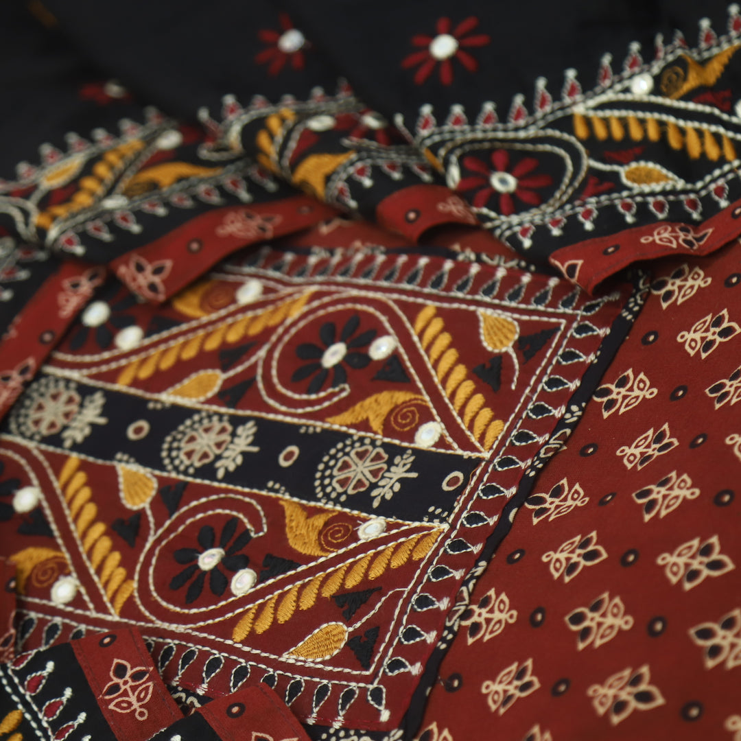 Hairat Berry Red Kutch Patch with Mirror Work Ajrak Printed Cotton Suit Set