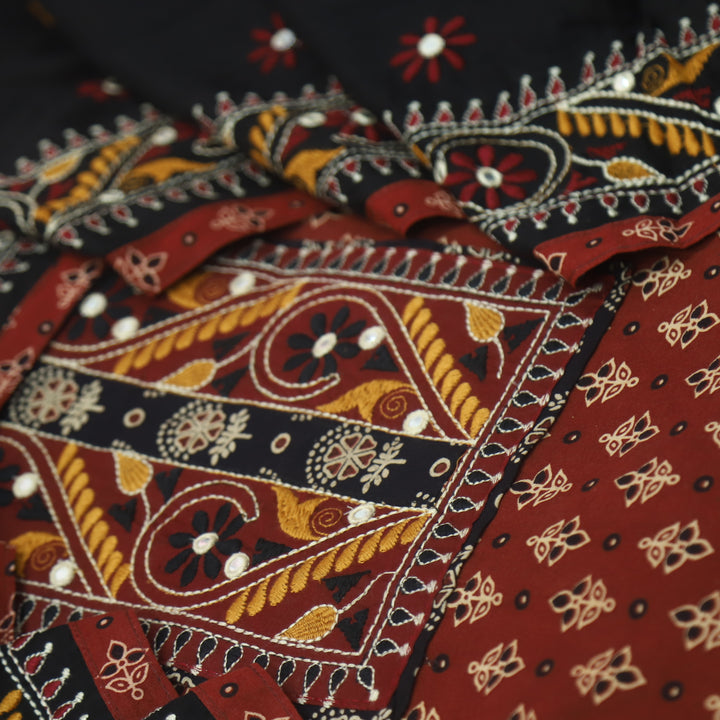 Hairat Berry Red Kutch Patch with Mirror Work Ajrak Printed Cotton Suit Set