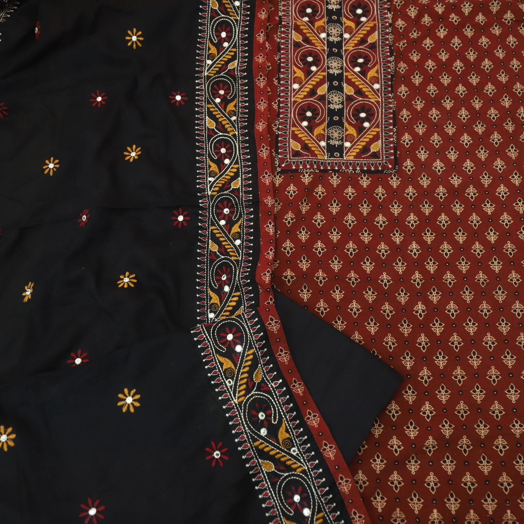 Hairat Berry Red Kutch Patch with Mirror Work Ajrak Printed Cotton Suit Set