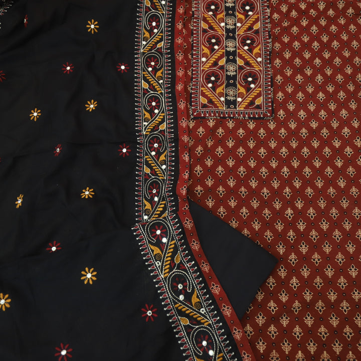 Hairat Berry Red Kutch Patch with Mirror Work Ajrak Printed Cotton Suit Set