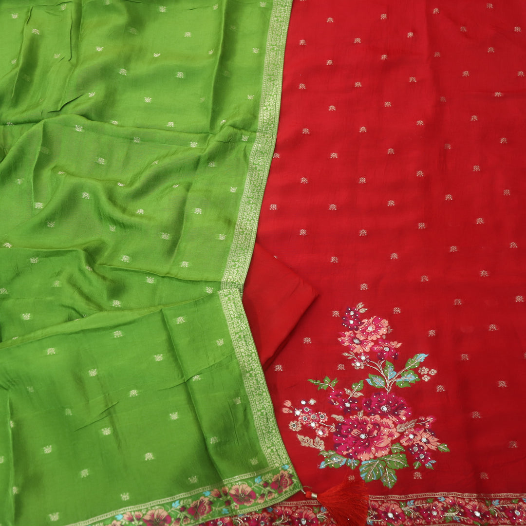 Chandni Bride Red All Over Zari Work with Floral Thread Weaved Dola Silk Suit Set