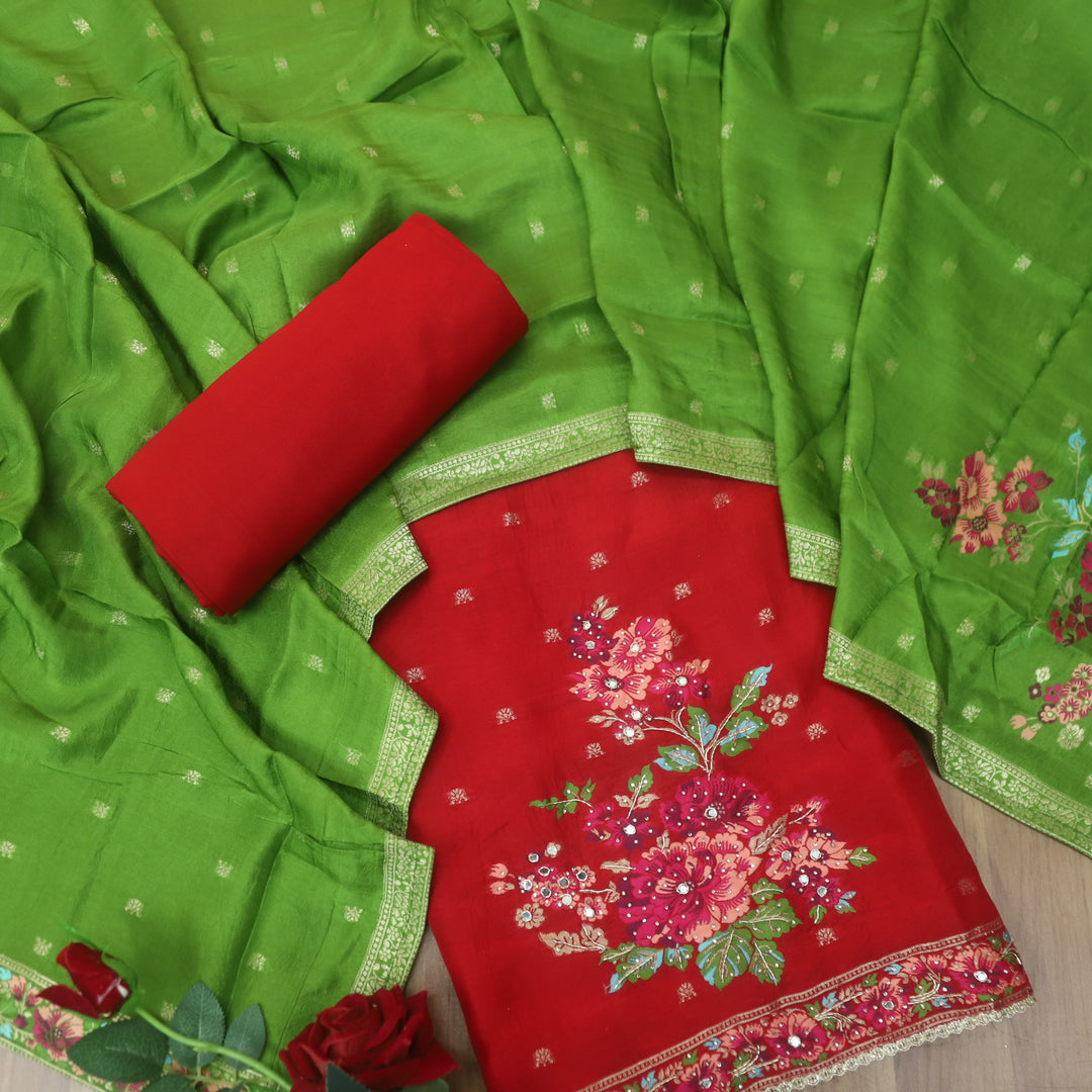 Chandni Bride Red All Over Zari Work with Floral Thread Weaved Dola Silk Suit Set
