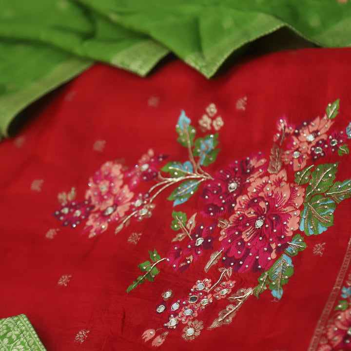 Chandni Bride Red All Over Zari Work with Floral Thread Weaved Dola Silk Suit Set