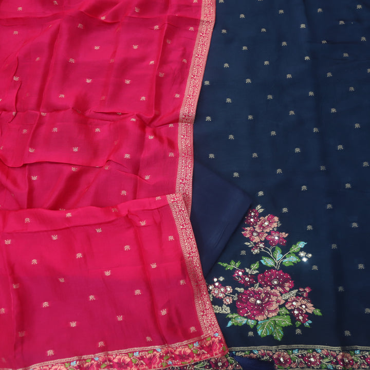 Chandni Royal Navy All Over Zari Work with Floral Thread Weaved Dola Silk Suit Set