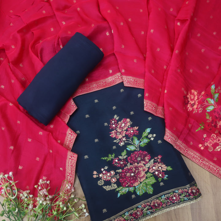 Chandni Royal Navy All Over Zari Work with Floral Thread Weaved Dola Silk Suit Set