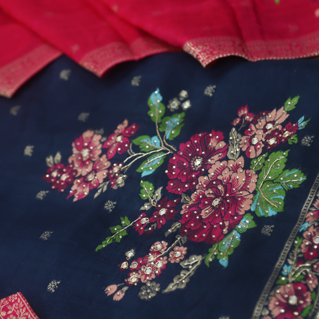 Chandni Royal Navy All Over Zari Work with Floral Thread Weaved Dola Silk Suit Set
