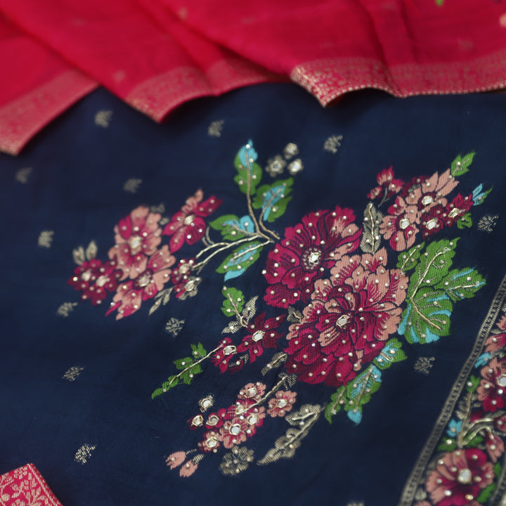 Chandni Royal Navy All Over Zari Work with Floral Thread Weaved Dola Silk Suit Set