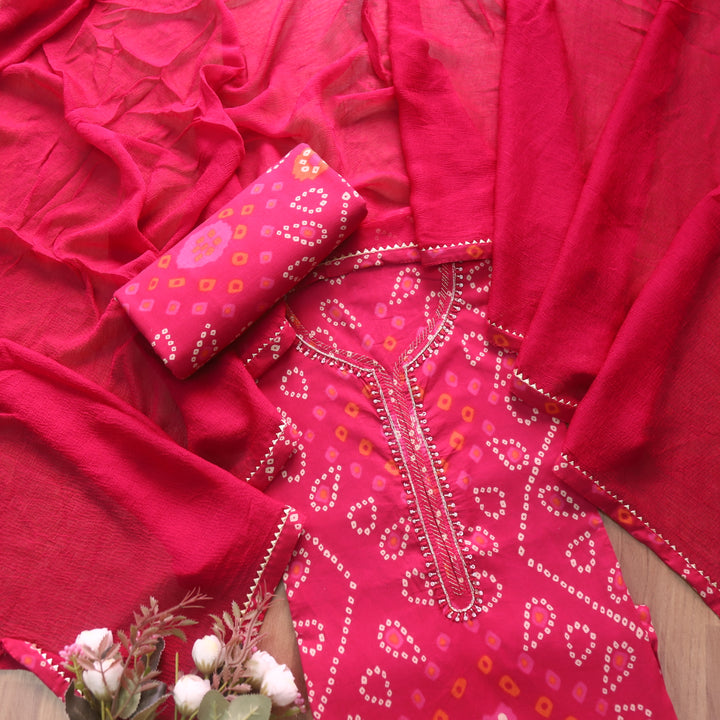 Riwaish Rani Pink Zari with Spiral Work and Thread Detailing Bandhani Print Cotton Set