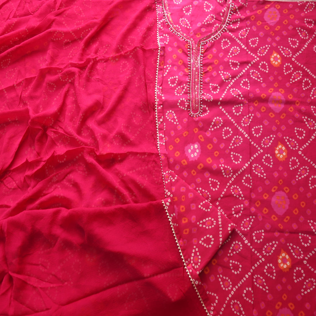 Riwaish Rani Pink Zari with Spiral Work and Thread Detailing Bandhani Print Cotton Set