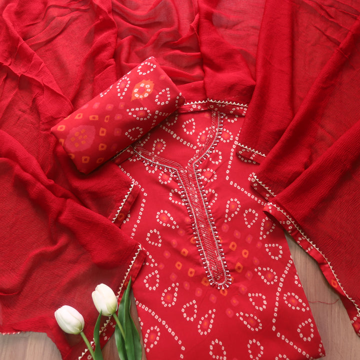 Riwaish Bride Red Zari with Spiral Work and Thread Detailing Bandhani Print Cotton Set