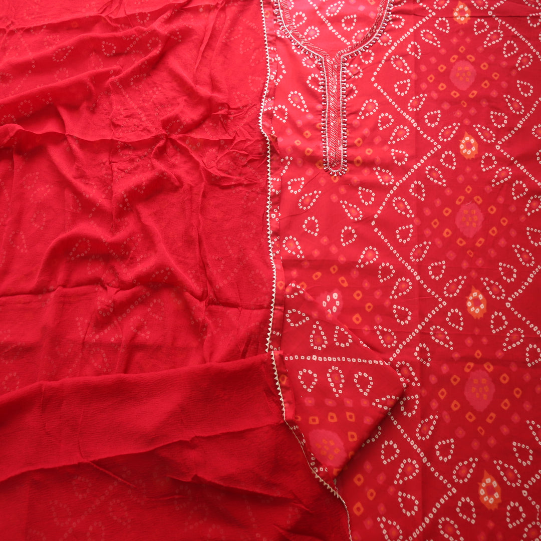 Riwaish Bride Red Zari with Spiral Work and Thread Detailing Bandhani Print Cotton Set