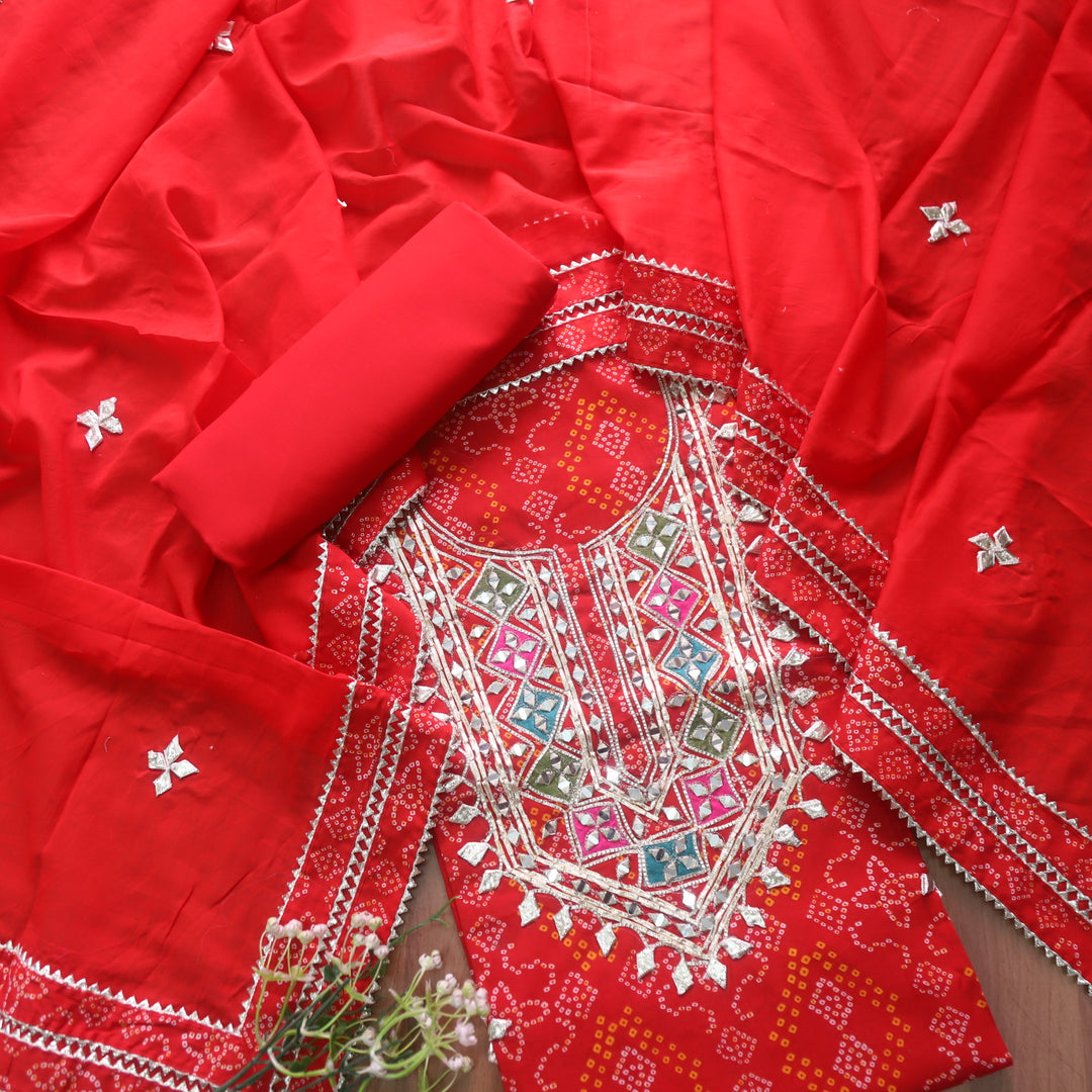 Riwaish Bride Red Gota Work Yoke Neck with Mirror Bandhani Print Cotton Suit Set