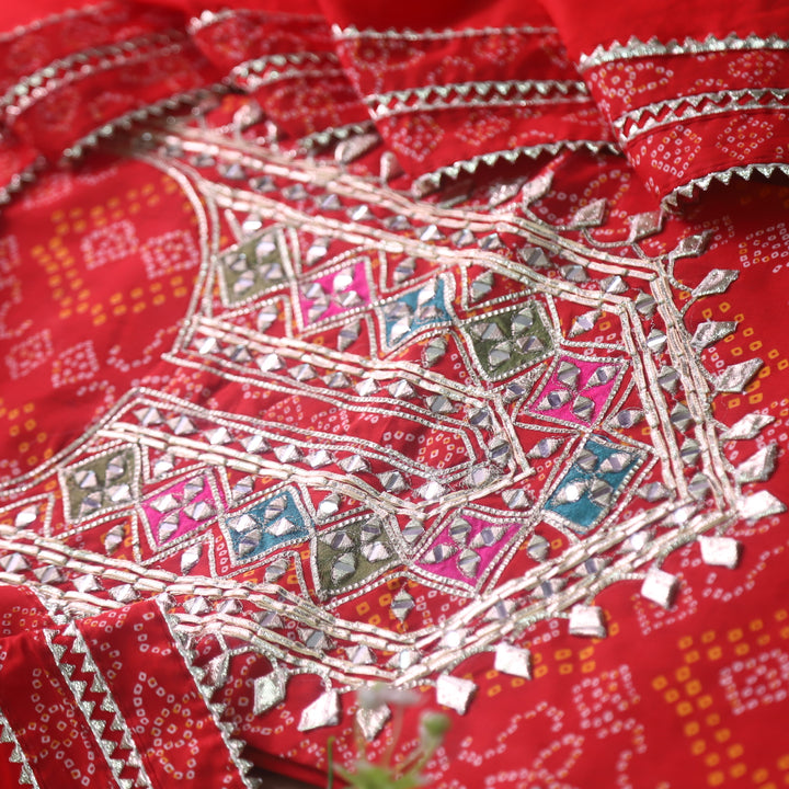 Riwaish Bride Red Gota Work Yoke Neck with Mirror Bandhani Print Cotton Suit Set