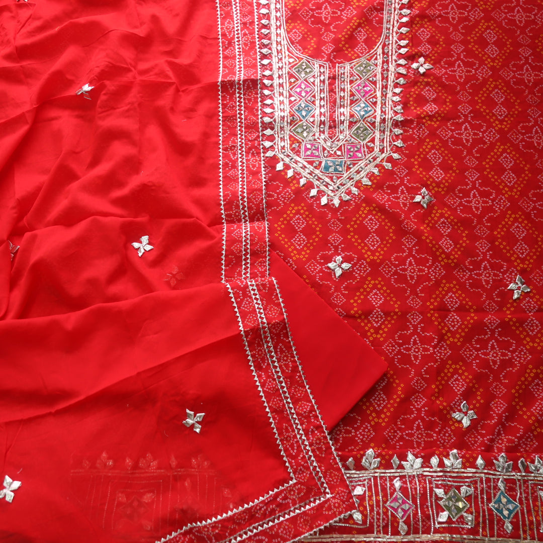 Riwaish Bride Red Gota Work Yoke Neck with Mirror Bandhani Print Cotton Suit Set