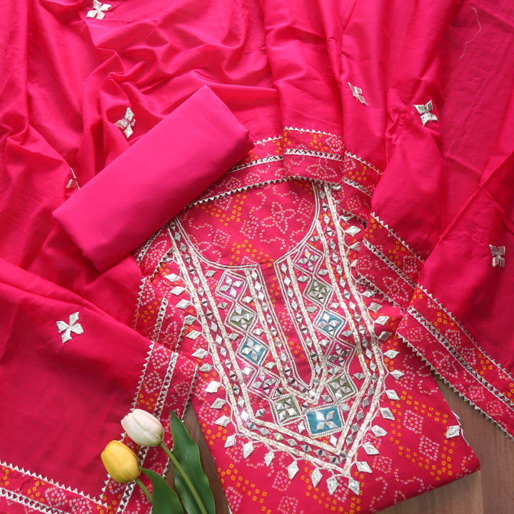 Riwaish Rani Pink Gota Work Yoke Neck with Mirror Bandhani Print Cotton Suit Set