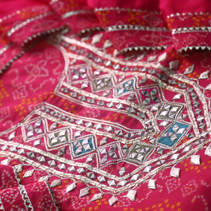 Riwaish Rani Pink Gota Work Yoke Neck with Mirror Bandhani Print Cotton Suit Set
