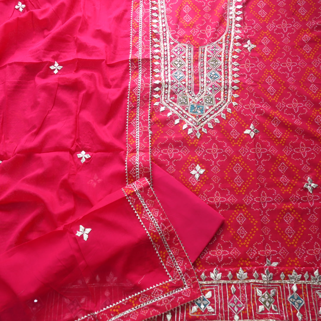 Riwaish Rani Pink Gota Work Yoke Neck with Mirror Bandhani Print Cotton Suit Set