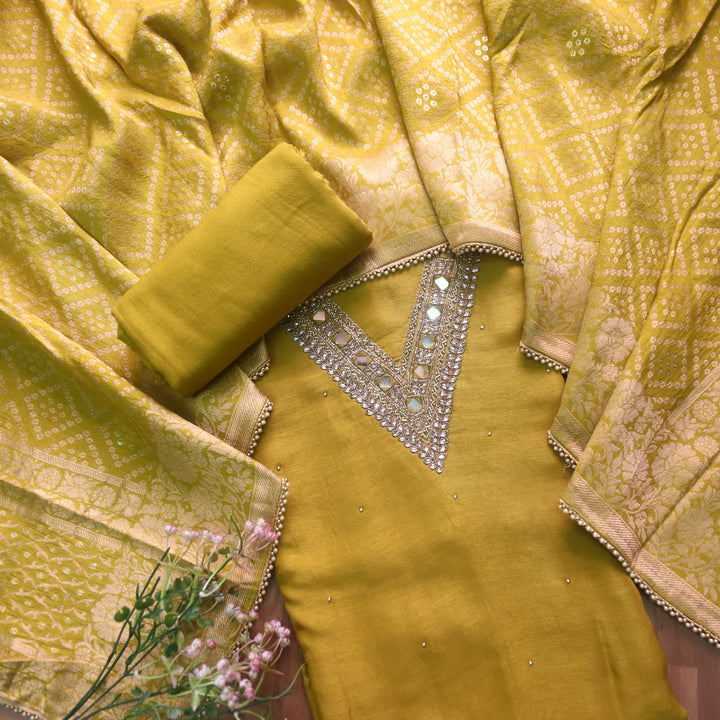Naari Olive Green Embellished V Neck with Stone and Mirror Work Dola Silk Suit Set