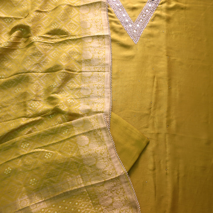 Naari Olive Green Embellished V Neck with Stone and Mirror Work Dola Silk Suit Set