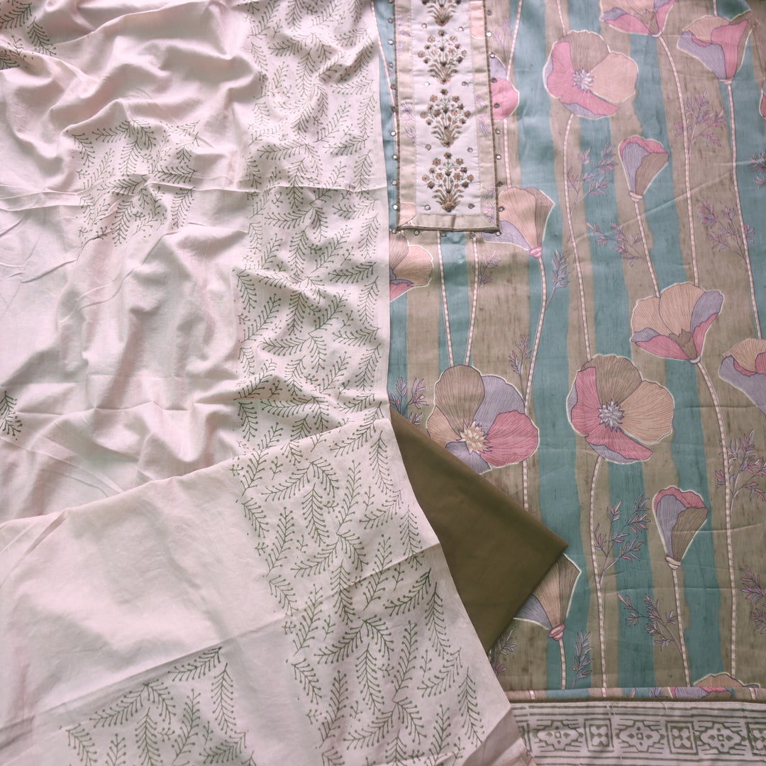 Riwaish Olive Green Knot with Patra Work Patch on Digital Floral Print Glazed Cotton Set
