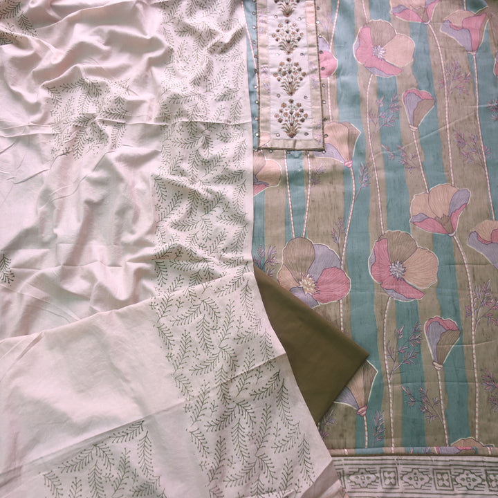 Riwaish Olive Green Knot with Patra Work Patch on Digital Floral Print Glazed Cotton Set