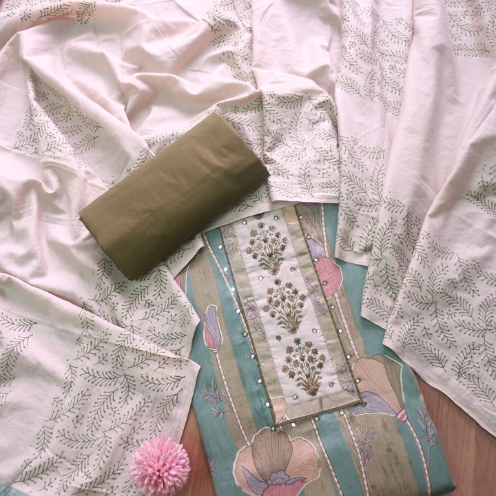 Riwaish Olive Green Knot with Patra Work Patch on Digital Floral Print Glazed Cotton Set