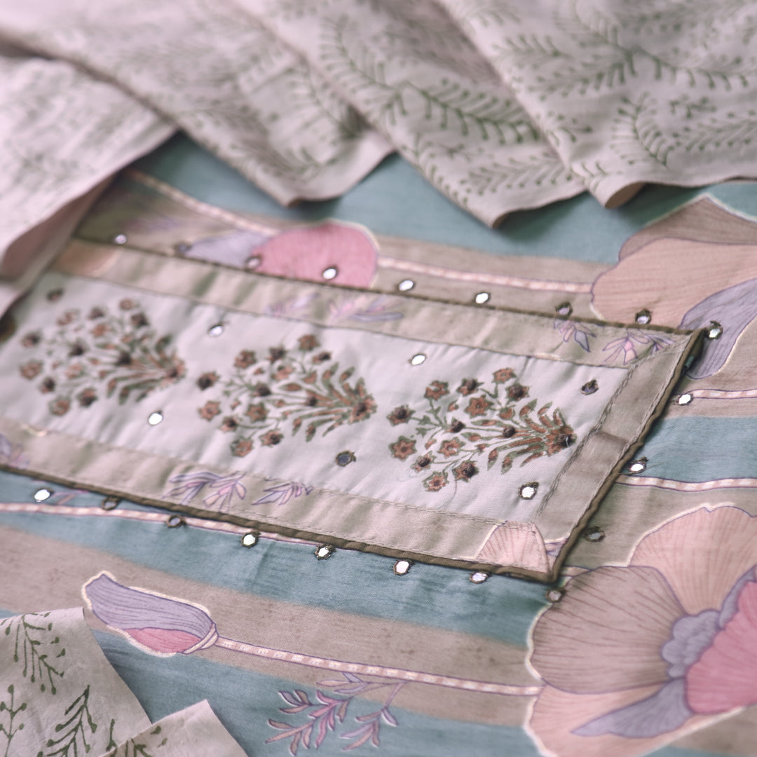 Riwaish Olive Green Knot with Patra Work Patch on Digital Floral Print Glazed Cotton Set