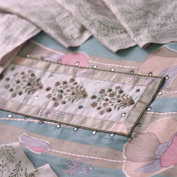 Riwaish Olive Green Knot with Patra Work Patch on Digital Floral Print Glazed Cotton Set