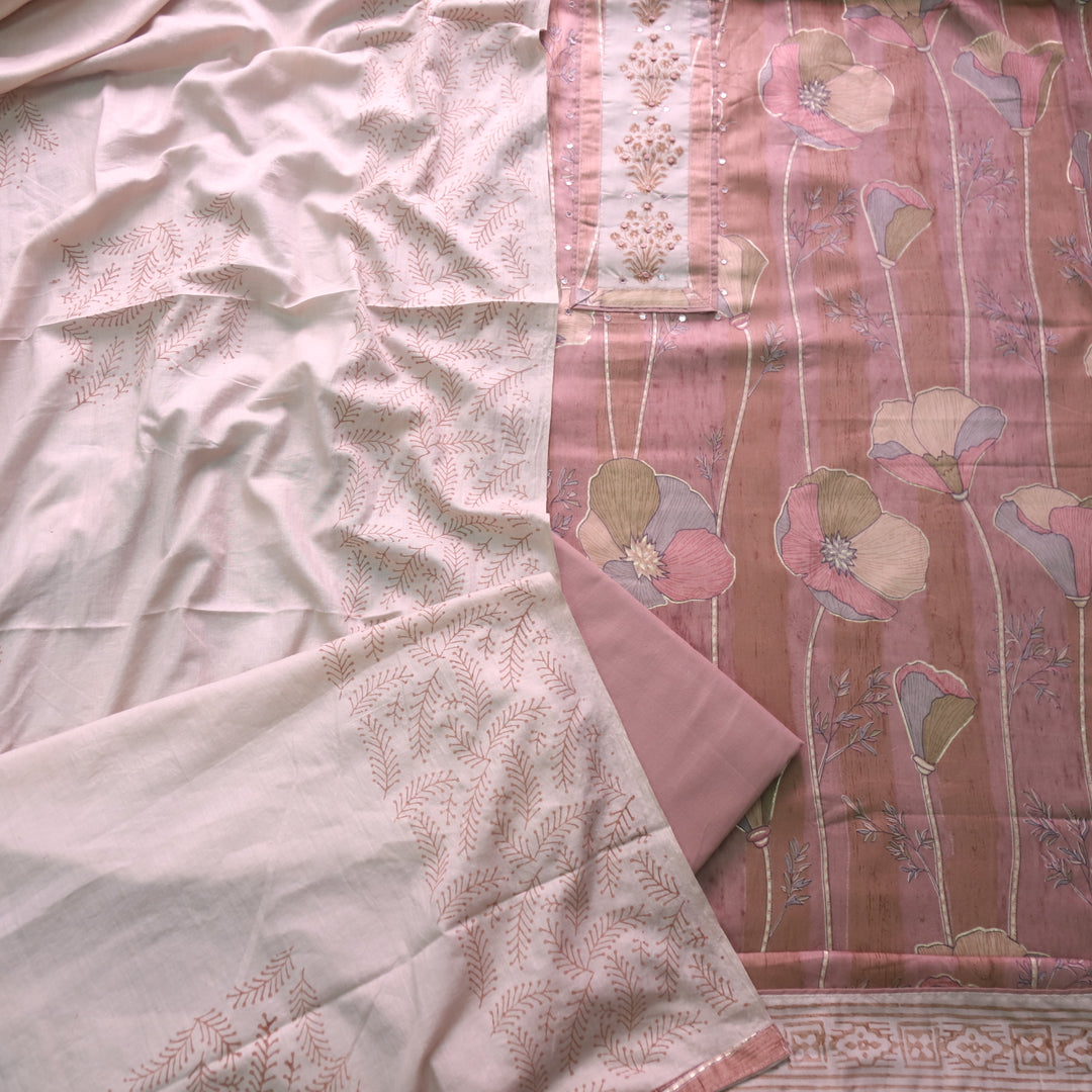 Riwaish Tan Beige Knot with Patra Work Patch on Digital Floral Print Glazed Cotton Set