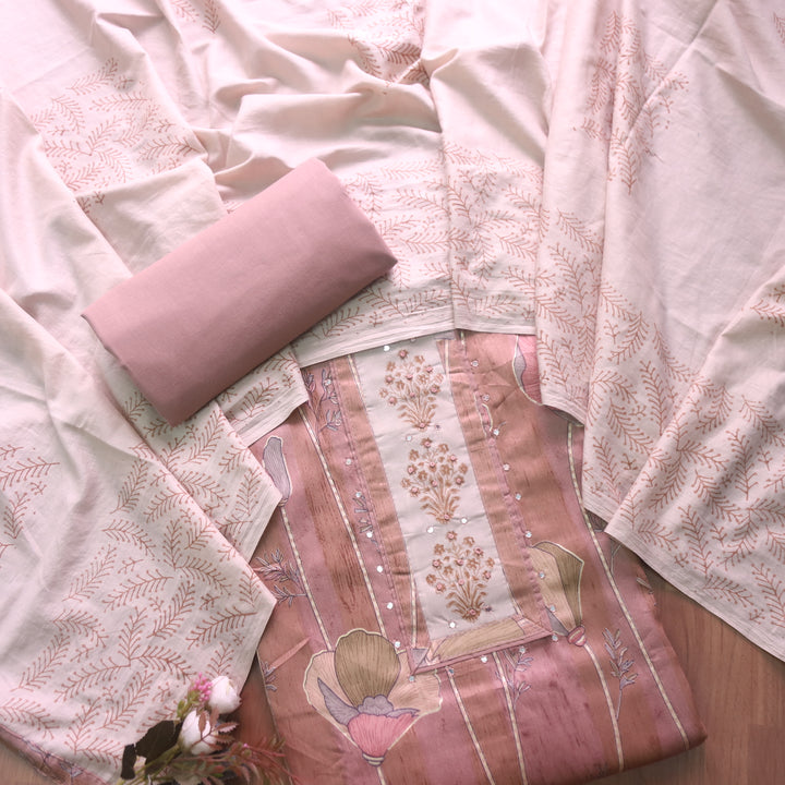 Riwaish Tan Beige Knot with Patra Work Patch on Digital Floral Print Glazed Cotton Set