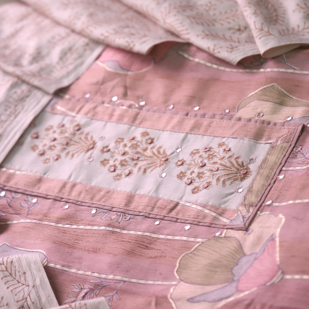 Riwaish Tan Beige Knot with Patra Work Patch on Digital Floral Print Glazed Cotton Set