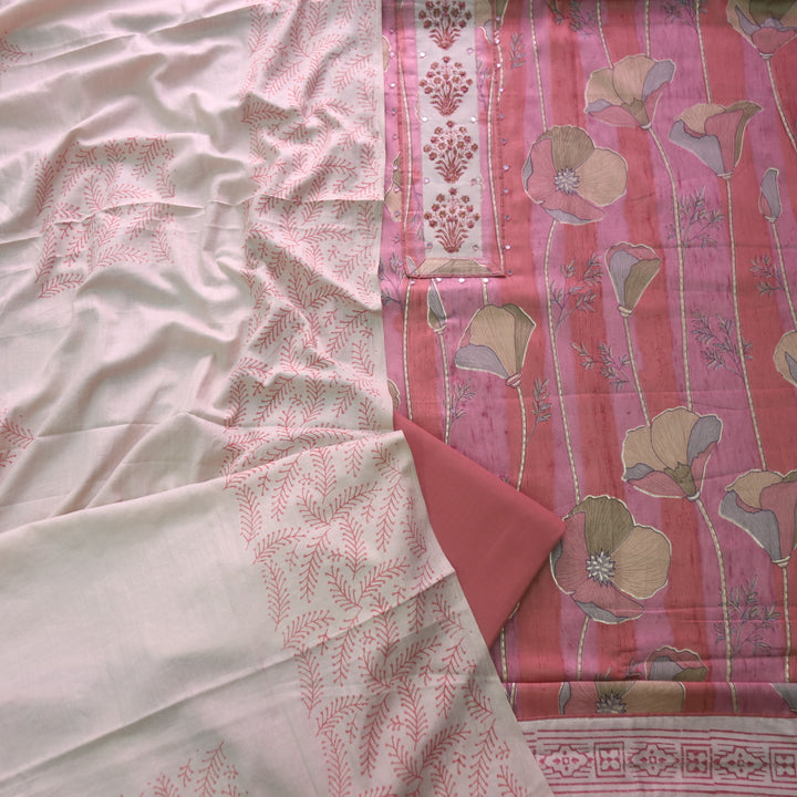 Riwaish Mauve Pink Knot with Patra Work Patch on Digital Floral Print Glazed Cotton Set