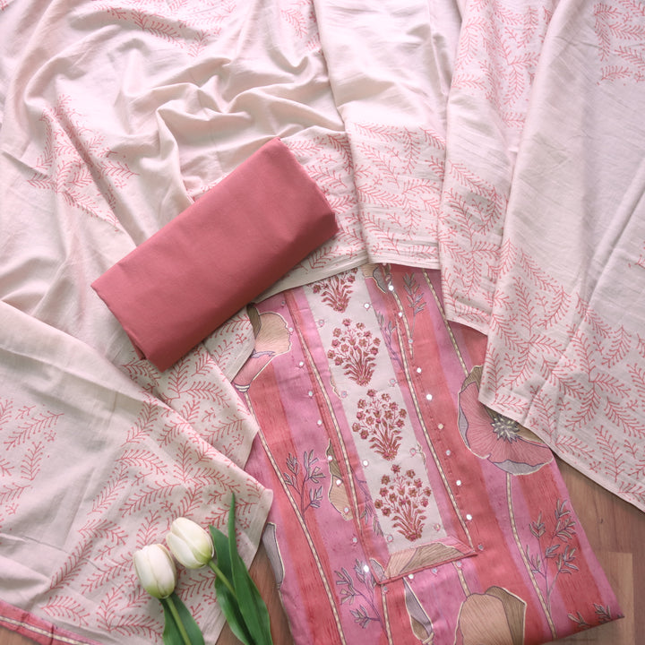 Riwaish Mauve Pink Knot with Patra Work Patch on Digital Floral Print Glazed Cotton Set
