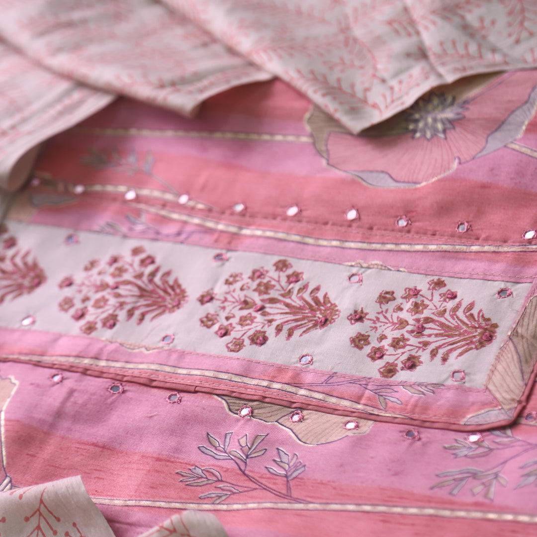 Riwaish Mauve Pink Knot with Patra Work Patch on Digital Floral Print Glazed Cotton Set