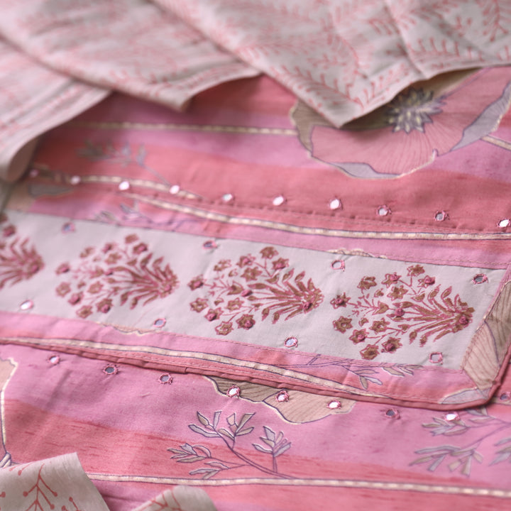 Riwaish Mauve Pink Knot with Patra Work Patch on Digital Floral Print Glazed Cotton Set