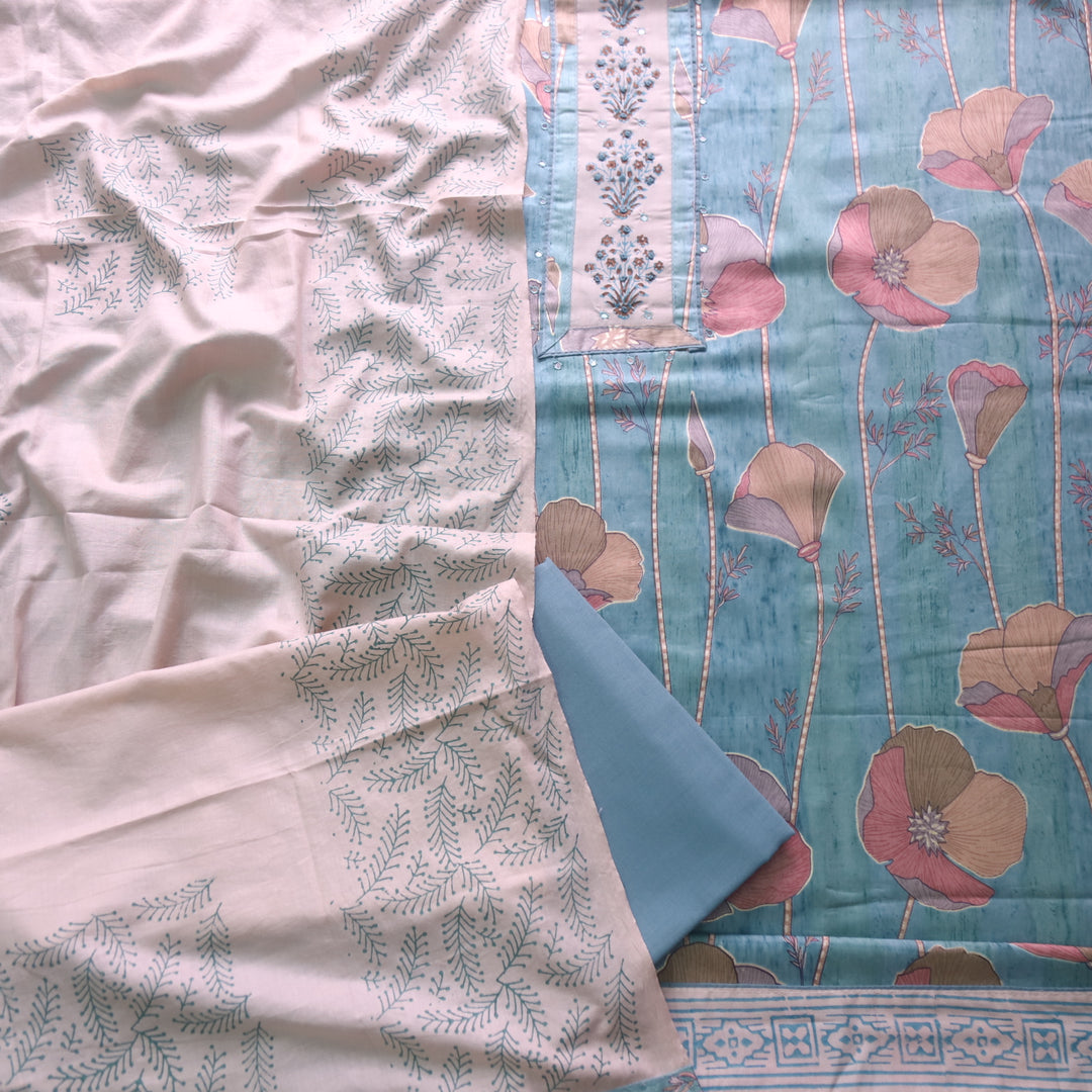 Riwaish Baby Blue Knot with Patra Work Patch on Digital Floral Print Glazed Cotton Set