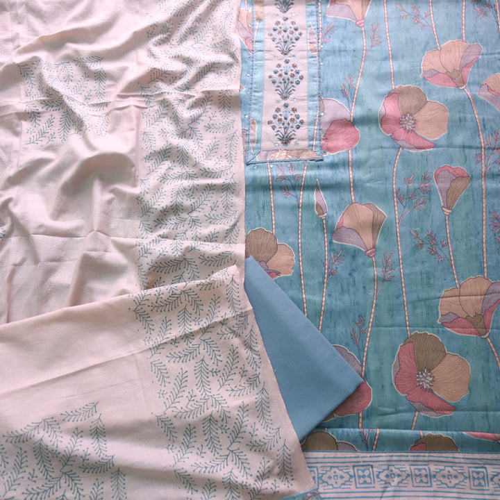 Riwaish Baby Blue Knot with Patra Work Patch on Digital Floral Print Glazed Cotton Set