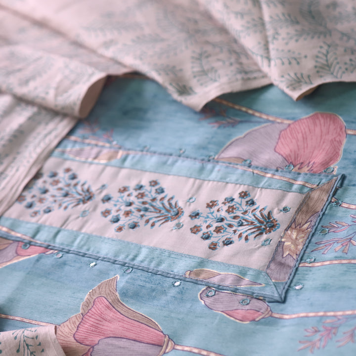 Riwaish Baby Blue Knot with Patra Work Patch on Digital Floral Print Glazed Cotton Set