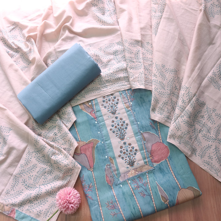 Riwaish Baby Blue Knot with Patra Work Patch on Digital Floral Print Glazed Cotton Set
