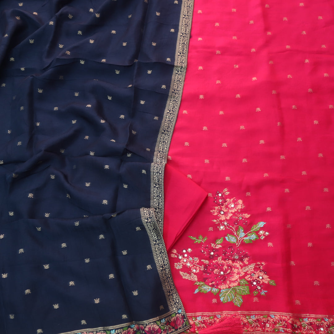 Chandni Rani Pink All Over Zari Work with Floral Thread Weaved Dola Silk Suit Set