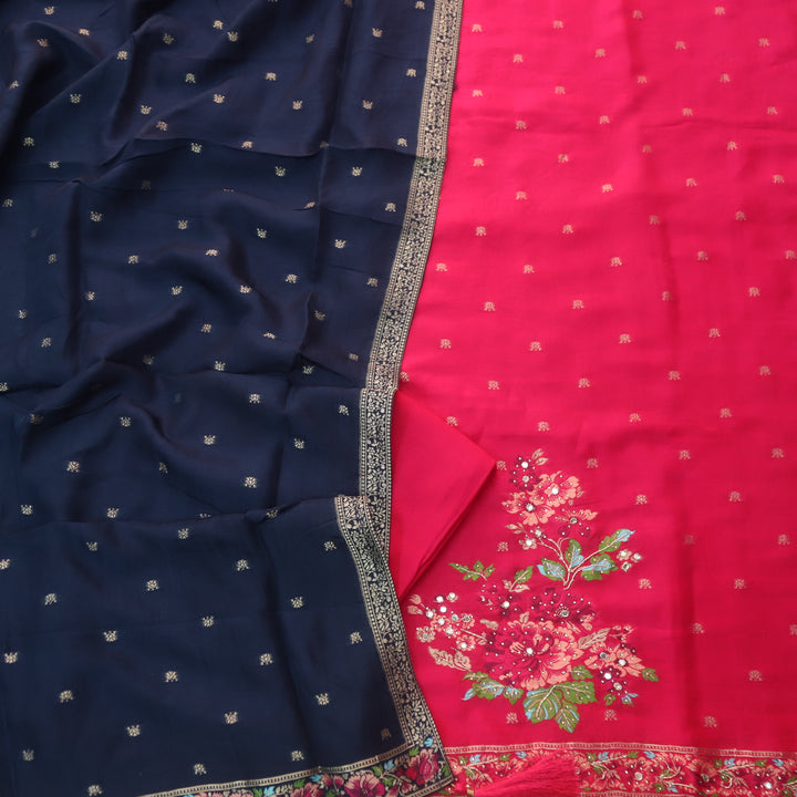 Chandni Rani Pink All Over Zari Work with Floral Thread Weaved Dola Silk Suit Set